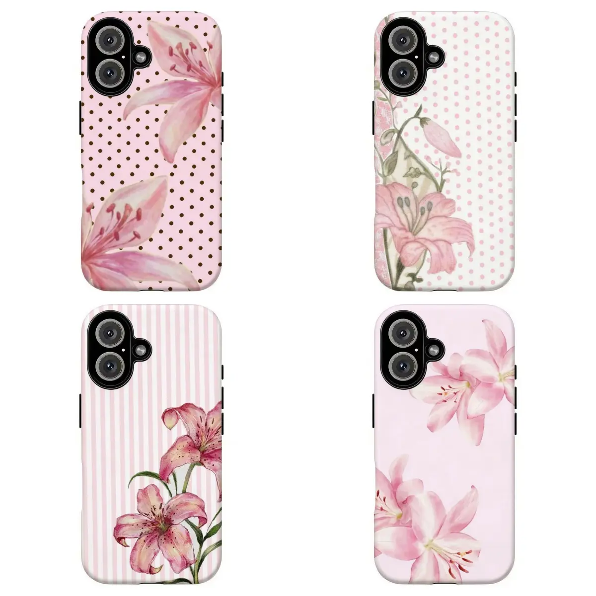 FL-Vintage Pink Lily & Stripes Smartphone Casing, Cute Polka Dot Floral Tough Cellphone Case, Coquette Girly Botanical Protection Cover for iPhone 11-17 Air Pro Max, Samsung S21-S26 Devices, Gift for Her