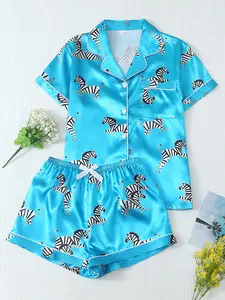 Women's Satin Zebra Print Sleepwear Set, Plaid Cherry Print, Sweet Lapel Short Sleeve Top with Pocket, Bow Shorts, Casual Homeewear, Loungewear, Pajama, Pjs, Pyjamas