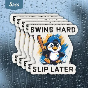 5Pcs Baseball Penguin "Swing Hard, Slip Later" Waterproof Vinyl Sticker, Self-Adhesive Decal, Suitable For Baseball Fans, Penguin Lovers And Casual Users