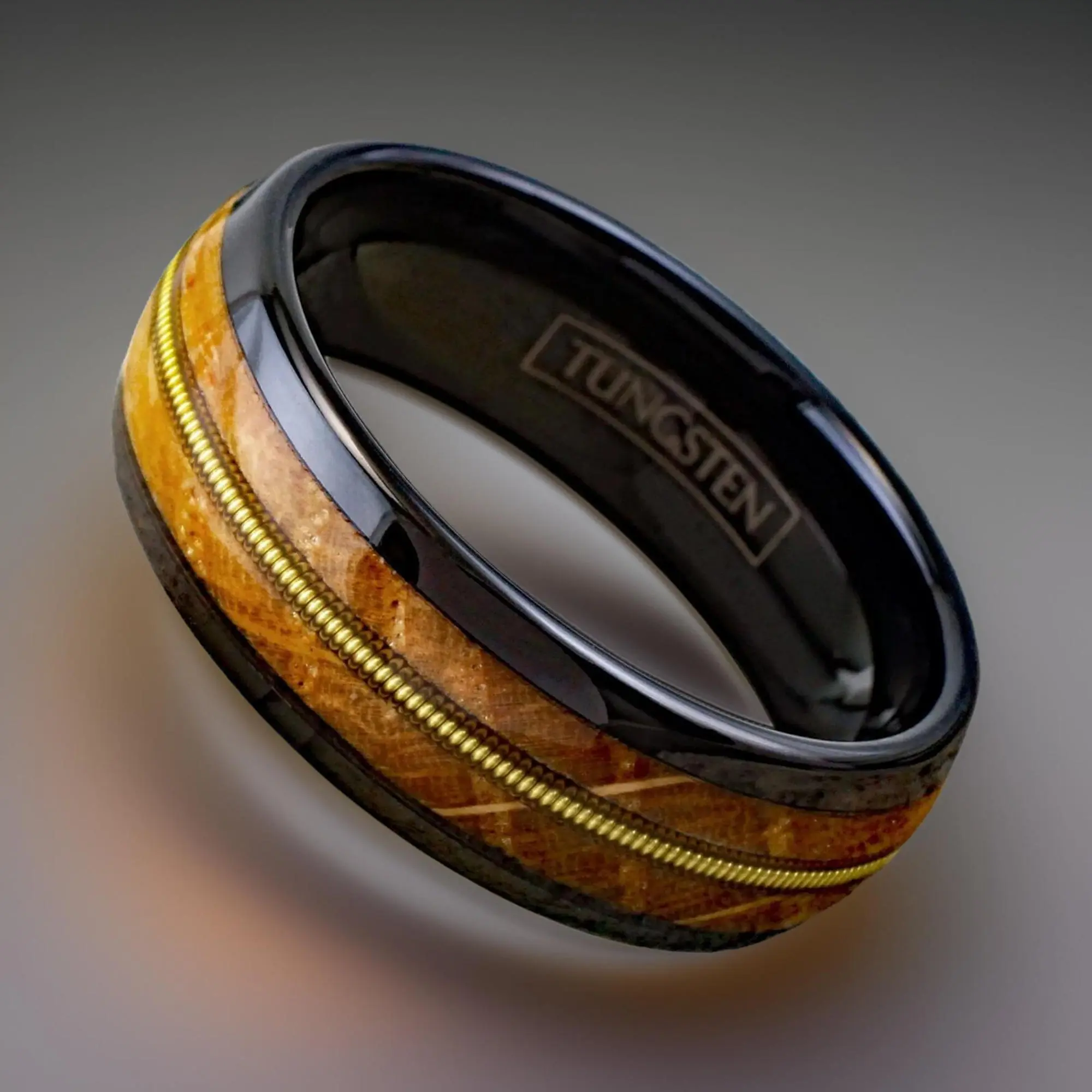 Whiskey Barrel Wood Ring with Guitar String Inlay, The Guitarist