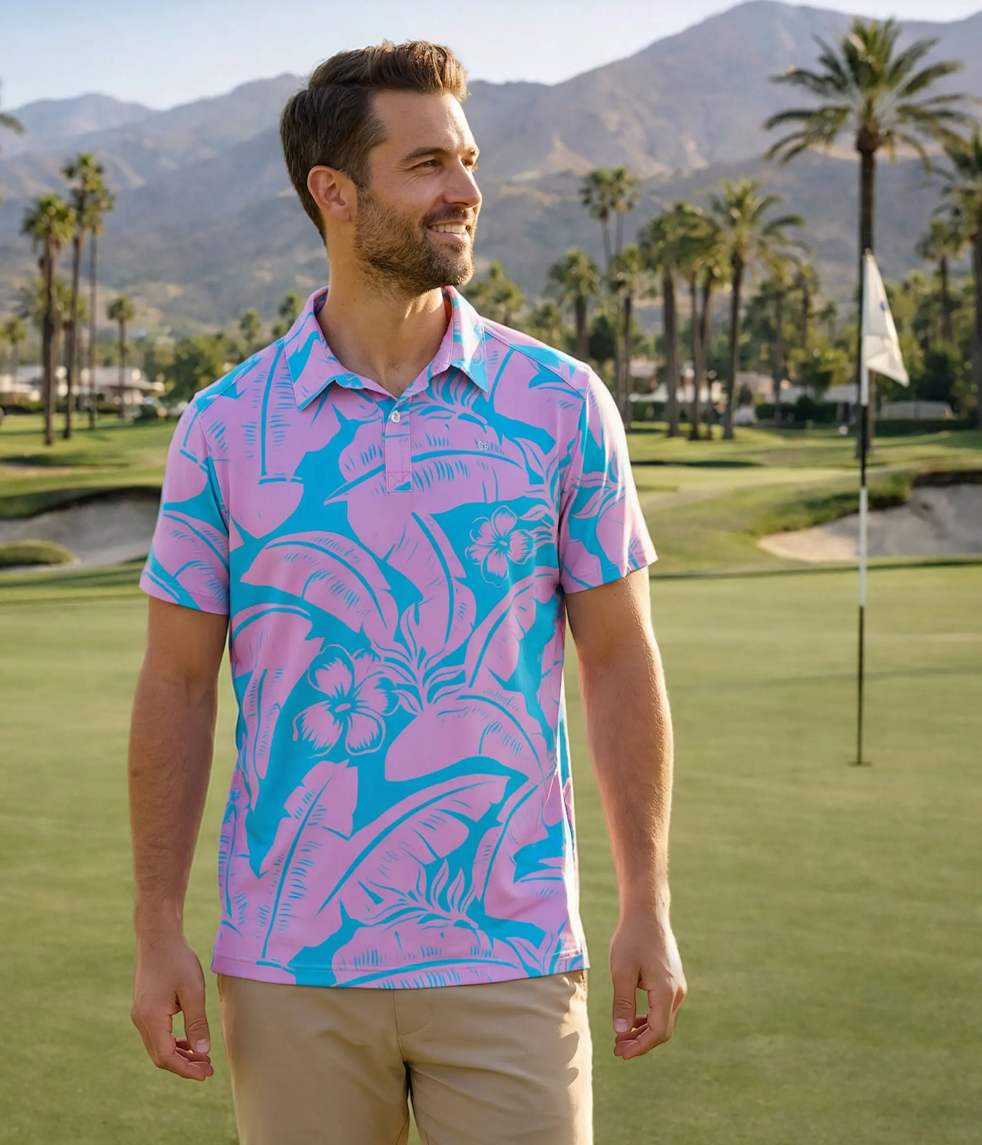 Men's Tropical Golf Polo Shirt - Short Sleeve, Relaxed Fit, Floral Print, 4-Way Stretch, Moisture-Wicking, Breathable Golf Apparel, Athletic Sports Clothing, Sporty Chic, Bold Island Style