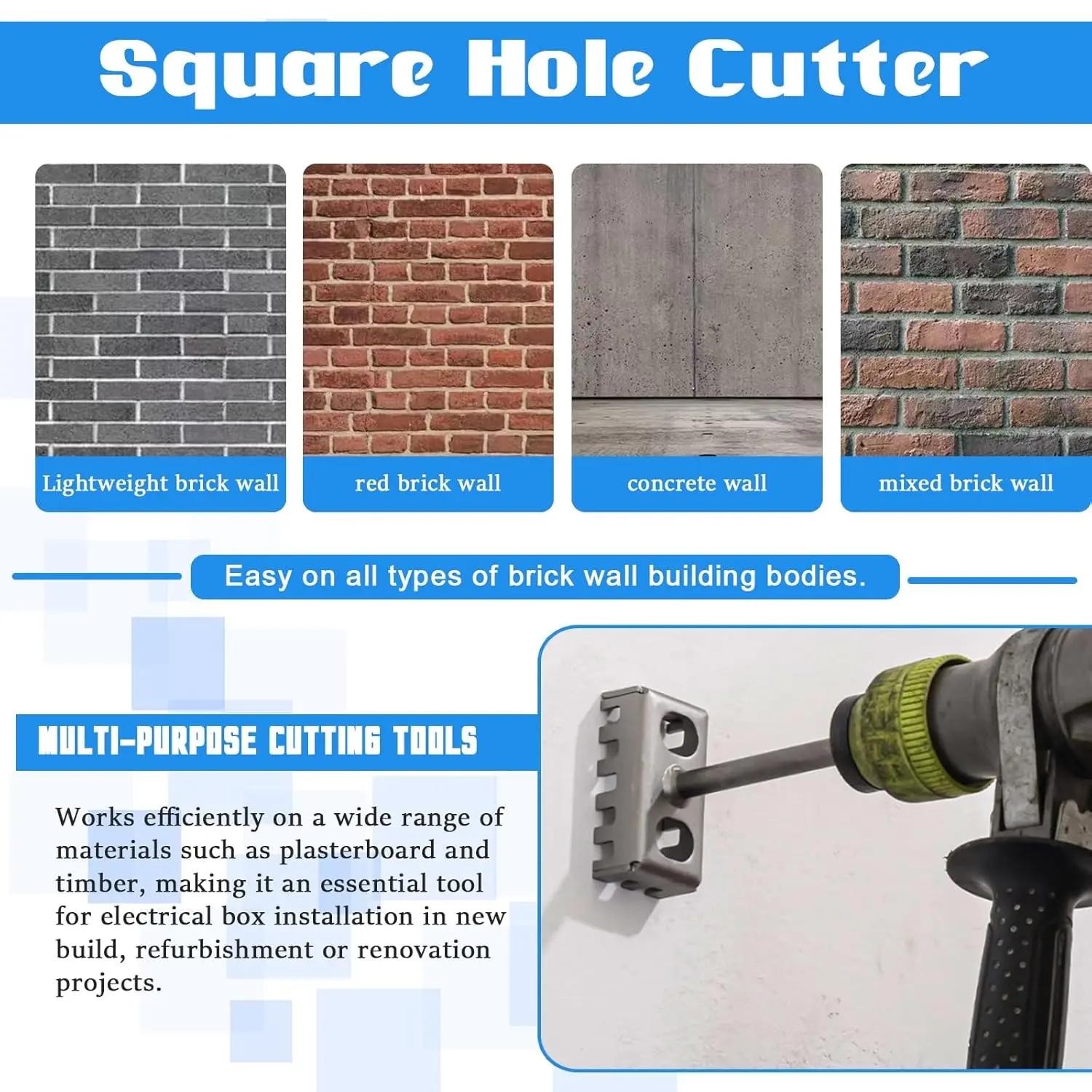 Electric Box Hole Cutter, Electric Hammer Steel Rectangular Slot Cutting Machine, Brick Concrete Cement Stone Fast Wall Hole Driller Tool Set