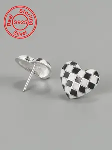 S925 Sterling Silver Checkerboard Heart Shaped Stud Earrings, Fashionable Earrings for Women & Girls, Trendy All-match & Exquisite Jewelry for Birthday Gift, Studs Earrings