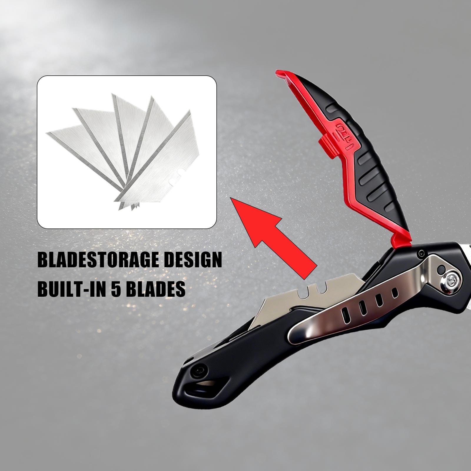 Heavy Duty Folding Box Cutter with 6 Blades, Quick Release Utility Knife, 3 Position Safety Cutter with Ergonomic Grip and Blade Storage for Cardboard, Vinyl, Carpet and DIY Use
