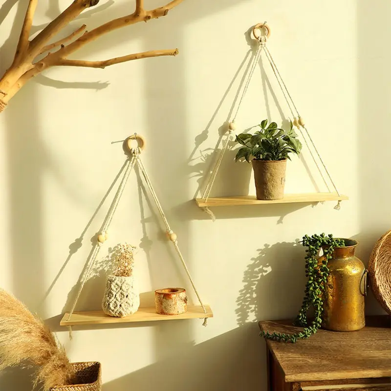 Wooden Wall Hanging Shelf Set, Bohemian Vintage Home Decor Storage Floating Shelves, Handmade Rustic Coat Rack Adjustable Hooks Flower Pot Holder, 2 Pieces