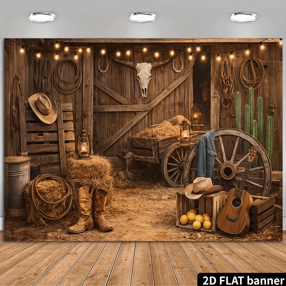 2D Flat Western Cowboy Theme Party Banner Background, Rustic Ranch Style with Skull, Cowboy Hat, Boots, Wooden Cart Wheels, Guitar, Haystack, Cactus, Durable Polyester Material, No Power Required, Suitable for Indoor/Outdoor Themed Scenes