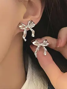 Cute Bowknot Design Earrings, Fashionable Rhinestone Decor Earrings for Women & Girls, Trendy All-match & Exquisite Stud Earring Jewelry for Birthday Gift