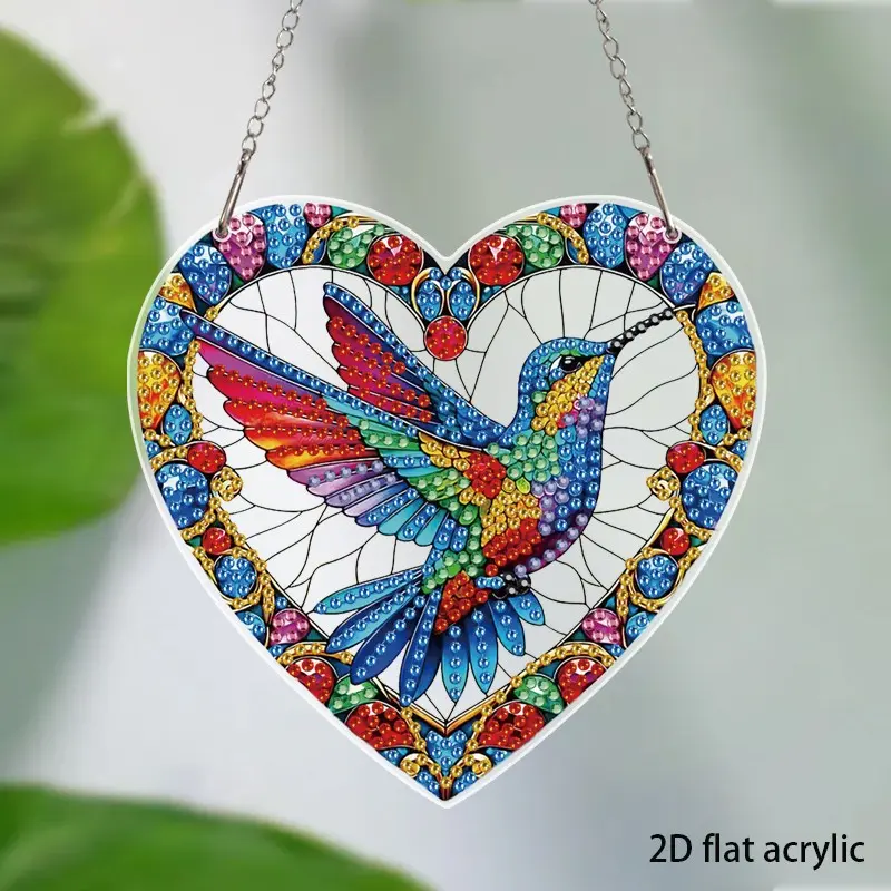 2D Acrylic DIY Diamond Painting Kit, Heart-Shaped Hummingbird Crystal Sun Catcher, Home Decor for Garden, Window, Wall, Room, Perfect Gift