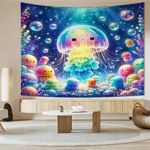 [Whimsical Jellyfish Fantasy Theme Tapestry] Vibrant Underwater Sea Life Wall Tapestry, Dreamy Ocean Scene Wall Hanging for Bedroom, Cute Pastel Jellyfish Decor for Kids Room, Digital Print Fabric Art, Aesthetic Room Aesthetic Wall Decor.