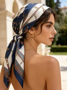 Women's Silk Scarf with Chain Design, Satin Print Headband, Square Handkerchief, Fashion Shawl, Travel Essential, Beach Towel