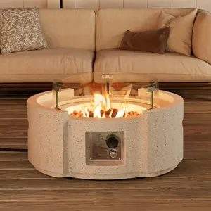 Outdoor Propane Fire Pit Table w Terrazzo White Faux Stone Round Base, 40,000 BTU Stainless Steel Burner, Wind Guard, Free Lava Rocks and Rain Cover