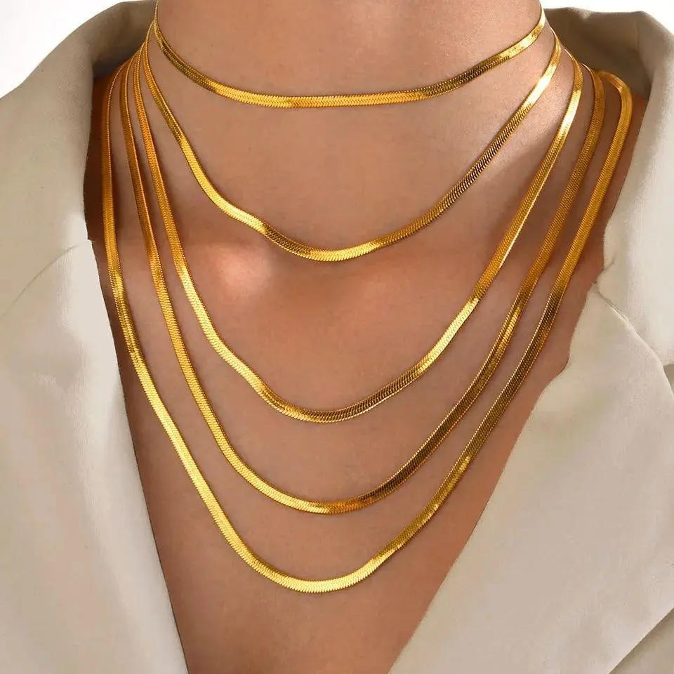 Gold Color Stainless Steel Necklaces For Unisex Waterproof Filmy Snake Chain Herringbone Choker Men Necklace Women Jewelry Gift