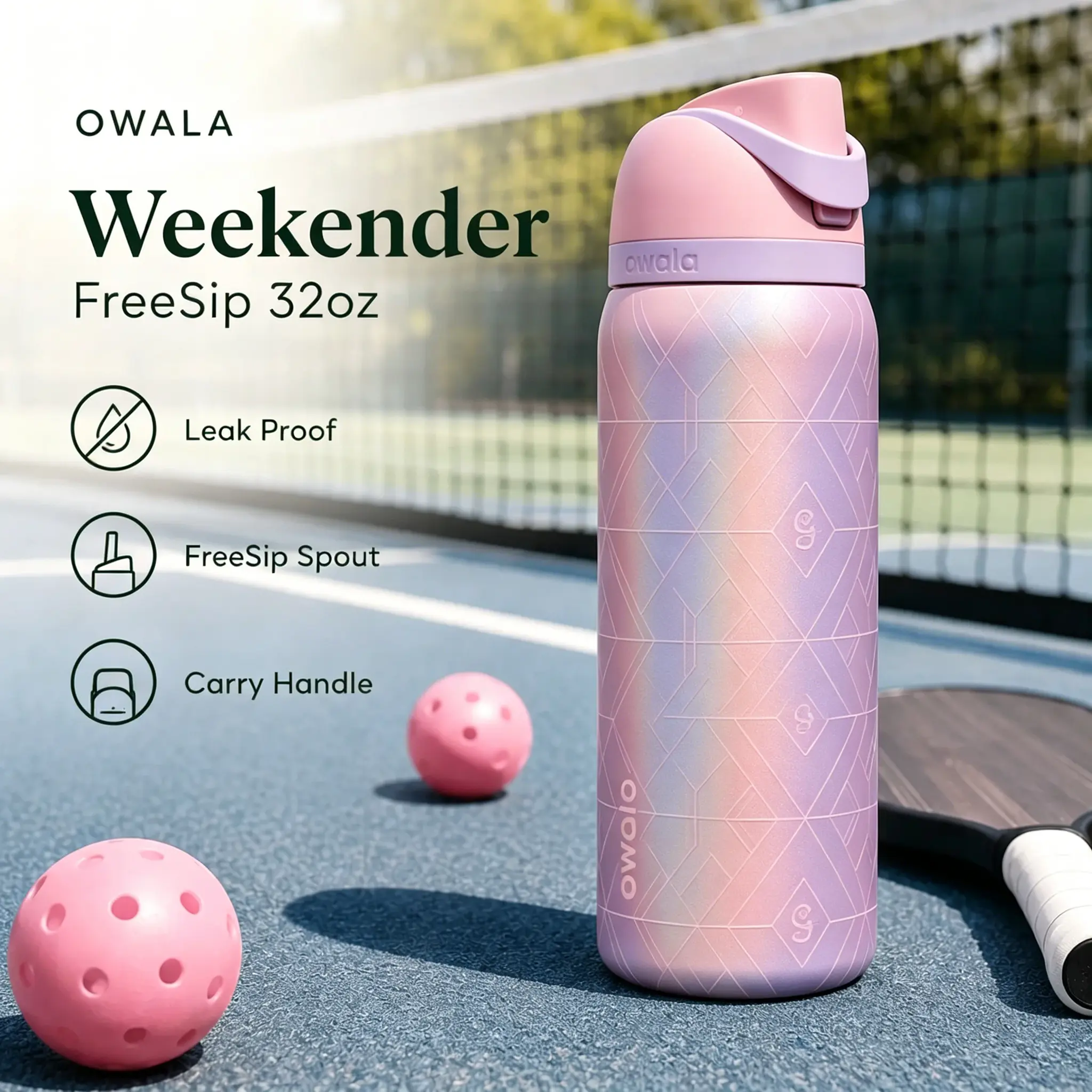 Owala Weekender FreeSip 32oz Insulated Stainless Steel Water Bottle Gloss Embossed Geometric Pattern Leak Proof Flip Top FreeSip Spout Built-In Carry Handle 24hr Cold Retention BPA Free Sports Bottle For Pickleball Tennis Gym Outdoor Travel