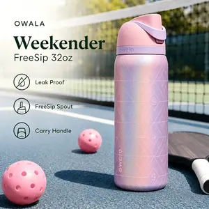 Owala Weekender FreeSip 32oz Insulated Stainless Steel Water Bottle Gloss Embossed Geometric Pattern Leak Proof Flip Top FreeSip Spout Built-In Carry Handle 24hr Cold Retention BPA Free Sports Bottle For Pickleball Tennis Gym Outdoor Travel