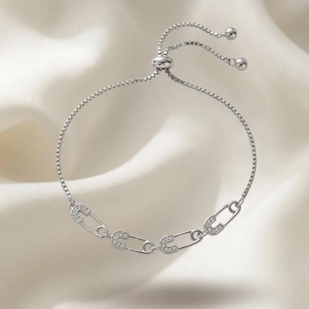 CZ Crystal Safety Pin Bracelet - Adjustable Paperclip Link Jewelry for Women (Platinum/Carat Gold Options)