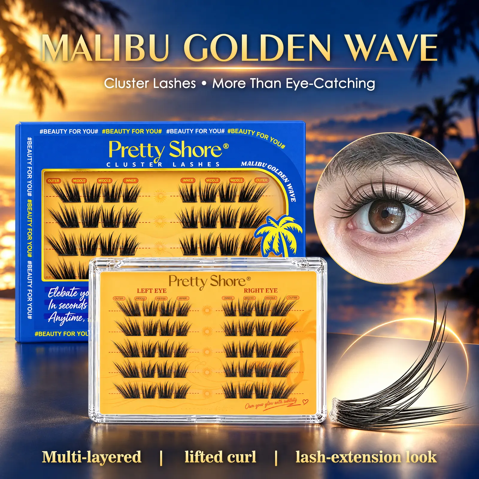 PrettyShore Malibu 6D Self-Adhesive Fluffy Cluster Lashes Makeup Kit, LC/LB Curl DIY Lash Extensions, 12-18mm Mixed Individual Clusters, Soft Thin Band, Waterproof Long-Lasting Eyelashes, Lc/Lb Curls
