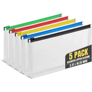 Plastic Filing Envelopes with Zipper Closure Moisture Resistant Envelope Letter Size Assorted Colors Check Size 5 Pack