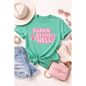 Raisin' a Little Hell Pink Western T-Shirt — Cowgirl Boots & Cactus Graphic