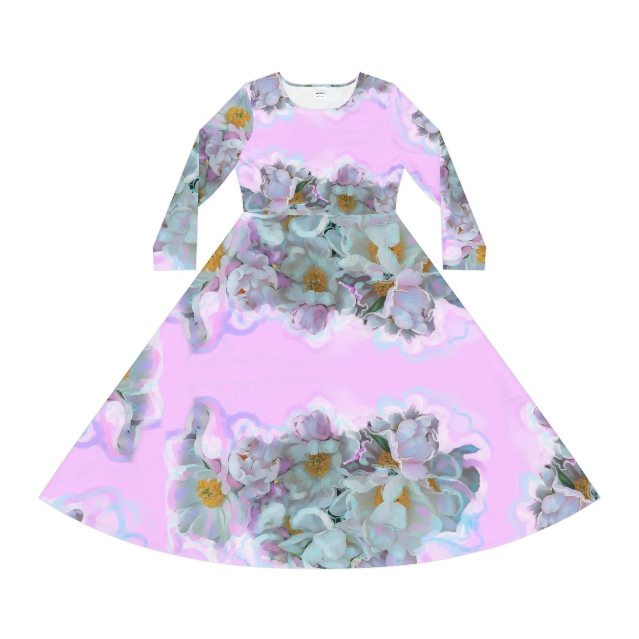 Women's Fitted Pink Peony Print Long Sleeve Street Dance Dress - Original Artwork by ArtistDione, Polyester Milk Silk Blend, Hand-Designed, Hot Pink Blooms, S/M/2XL Sizes, for Street Wear & Beach Use, Exclusive, Multi-Size, Figure-Fitting, Female