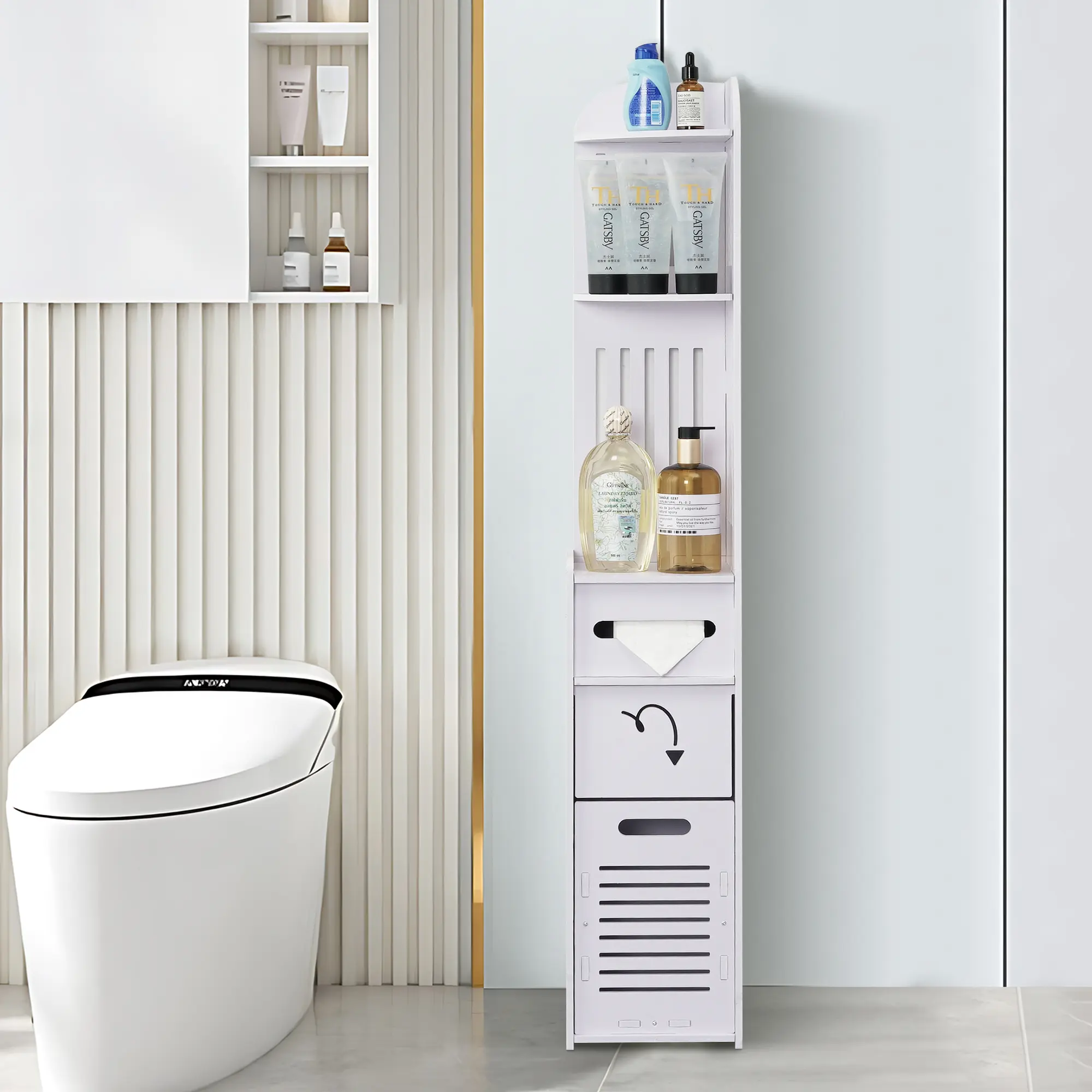 VECELO Toilet Paper Storage,Small Bathroom Storage for Half Bathroom,Small Bathroom Storage for Tiny Spaces,Little Shelf for Bedroom,Narrow Toilet Paper Cabinet for Restroom,White