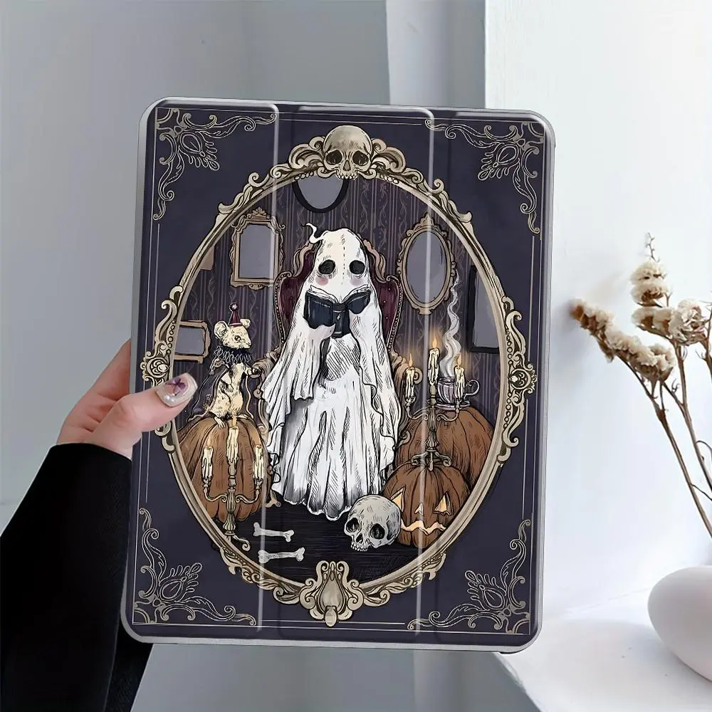 Gothic Ghost Dark Fairy Tale iPad Case, Cover, Casing, Tri-Fold Protective Stand Case for iPad, Transparent Acrylic Hard Back, Vintage Spooky Art, Pencil and Charger Slots, Ultra-Thin Scratch-Resistant for iPad 10.2inch, Ideal for Work and School