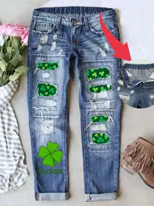 St. Patrick’s Day Shamrock Patch Distressed Denim Jeans for Women Casual Vintage Ripped Pants