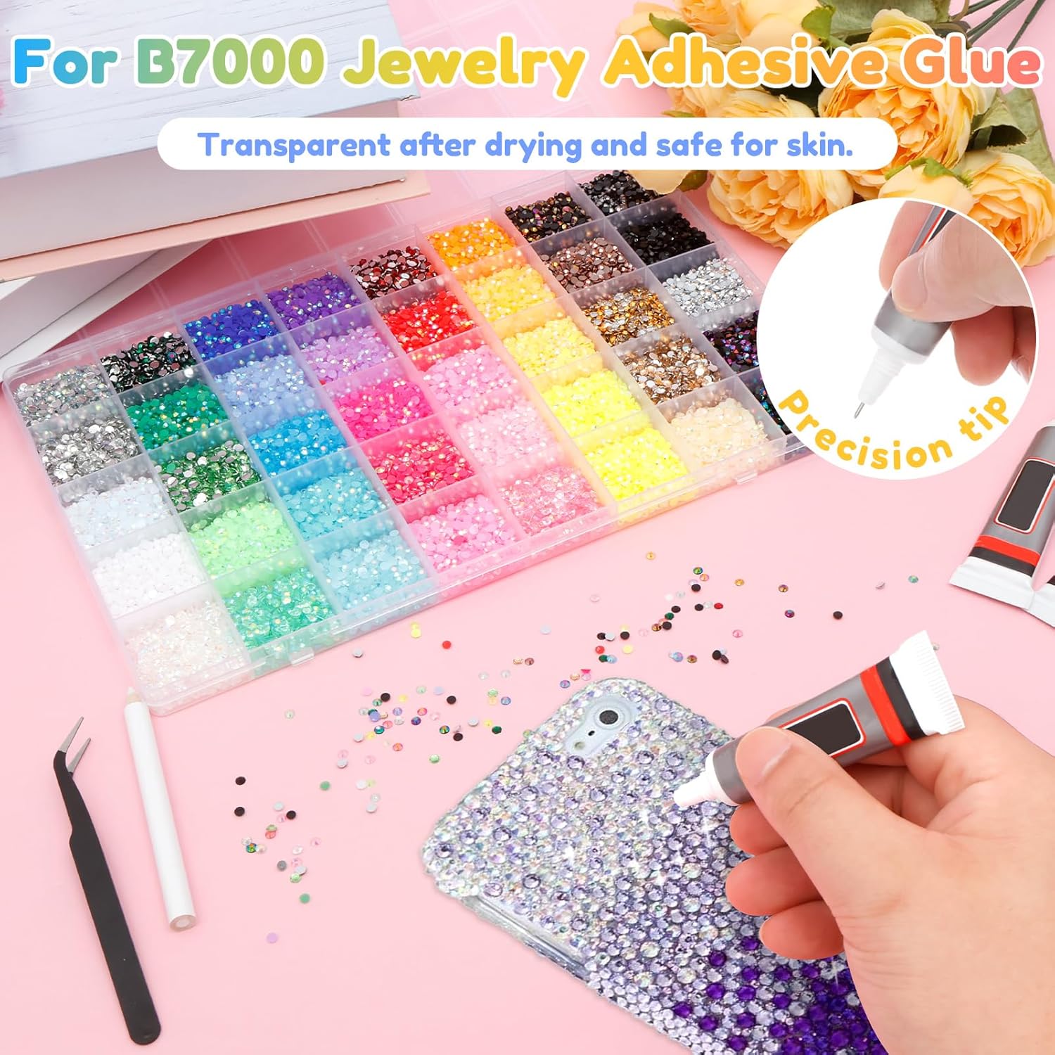 15 Color 20000Pcs Jelly Rhinestones Bedazzling Kit, 3mm Multicolor Resin Flatback Gems with Tweezers Pick-Up Pen for DIY Craft Apparel Nail Art Phone Case, 3mm Flatback Rainbow Gems with 2 Pcs Jewelry Glue & Rhinestone Picker for Clothes Shoes Nail Art