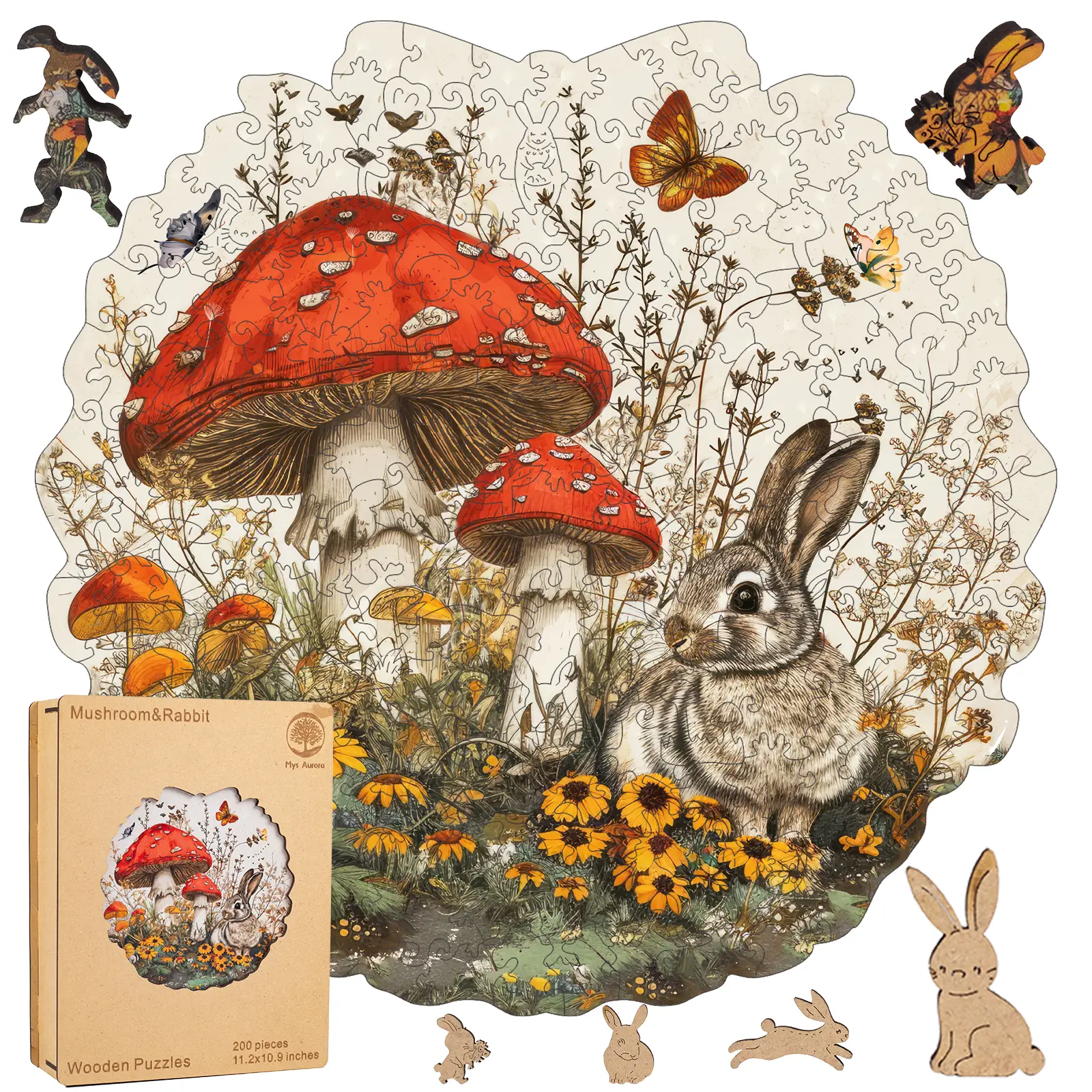Rabbit & Mushroom Mys Aurora Wooden Jigsaw Puzzle 80 200 300 500 Pcs Unique Shape Wood Box Packing Creative Gift for Adults and Kids Fun Challenging F
