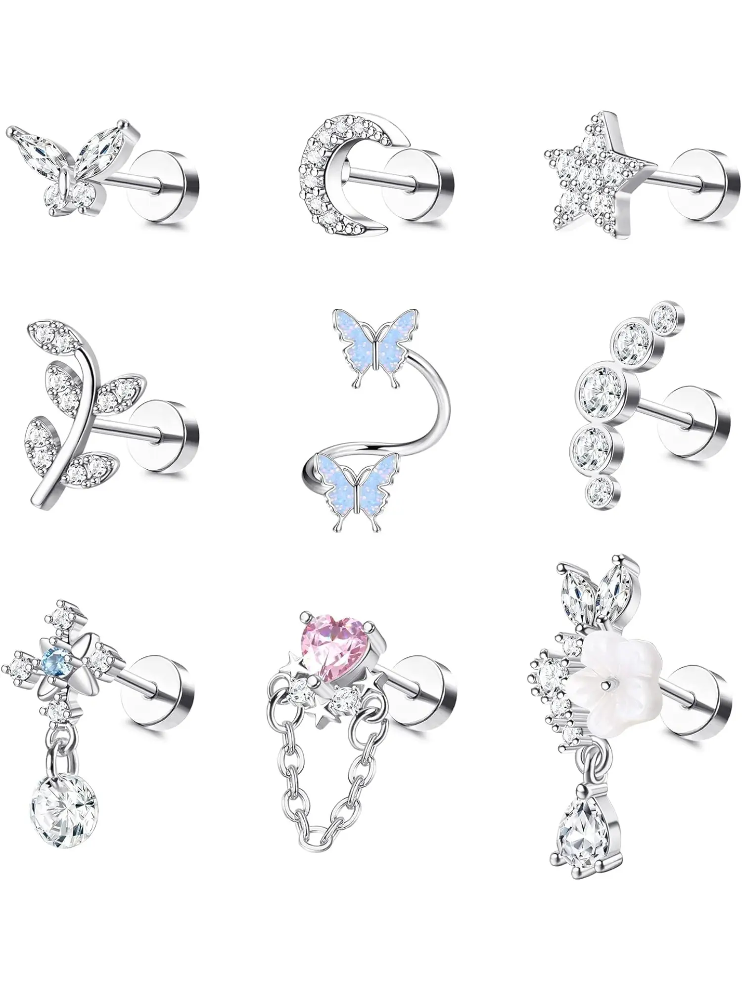 9Pcs Stainless Steel Cartilage Earrings Helix Earrings for Women Girls16 Gauge Helix Piercing Jewelry Leaf Butterfly CZ Studs Flat Back Cartilage Earrings Set Flatback Stud Earrings