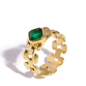 Emerald Green CZ Link Ring — Gold-Tone Stainless Steel Chain Band, Bezel Set, Waterproof & Tarnish-Free Stacking Ring for Women