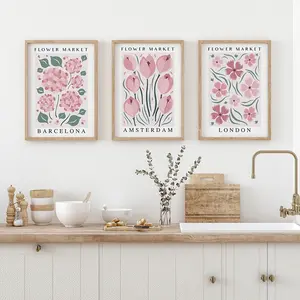 3-Piece Tulip Hydrangea Floral Poster Set, Elegant Bedroom Entryway Bedside Wall Art, Cozy Flower Room Frameless Hanging Canvas Decor