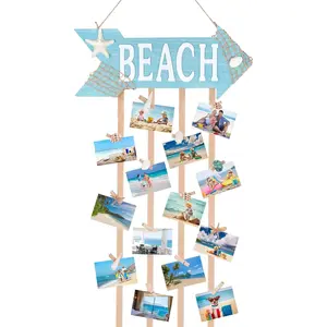 Coastal Style Hanging Photo Display Holder with 30 Clips (10 Shell Clips), Wooden Frames Wall Picture Organizer for Beach Decor, Collage Display, Postcards, Holiday Cards & Home Decoration