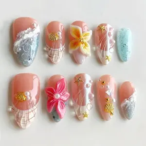 Tropical Beachy Press On Nails, Summer Ocean Nails, 3D Flower Art, Seashell Nail Set, Beach Vibes, Mermaid Inspired R8MMM Nail Art Kit Nail Box fathersdaygift