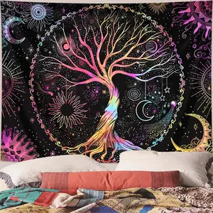 Tree Of Life Pattern Tapestry, 1 Count/2 Counts Bohemian Style Wall Hanging, Fantasy Starry Sky Moon Phase Sun Tapestry, Bedroom Aesthetic Wall Art, Decor, Tapestry Wall Mural