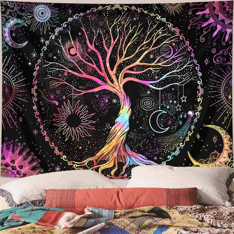 Tree Of Life Pattern Tapestry, 1 Count/2 Counts Bohemian Style Wall Hanging, Fantasy Starry Sky Moon Phase Sun Tapestry, Bedroom Aesthetic Wall Art, Decor, Tapestry Wall Mural