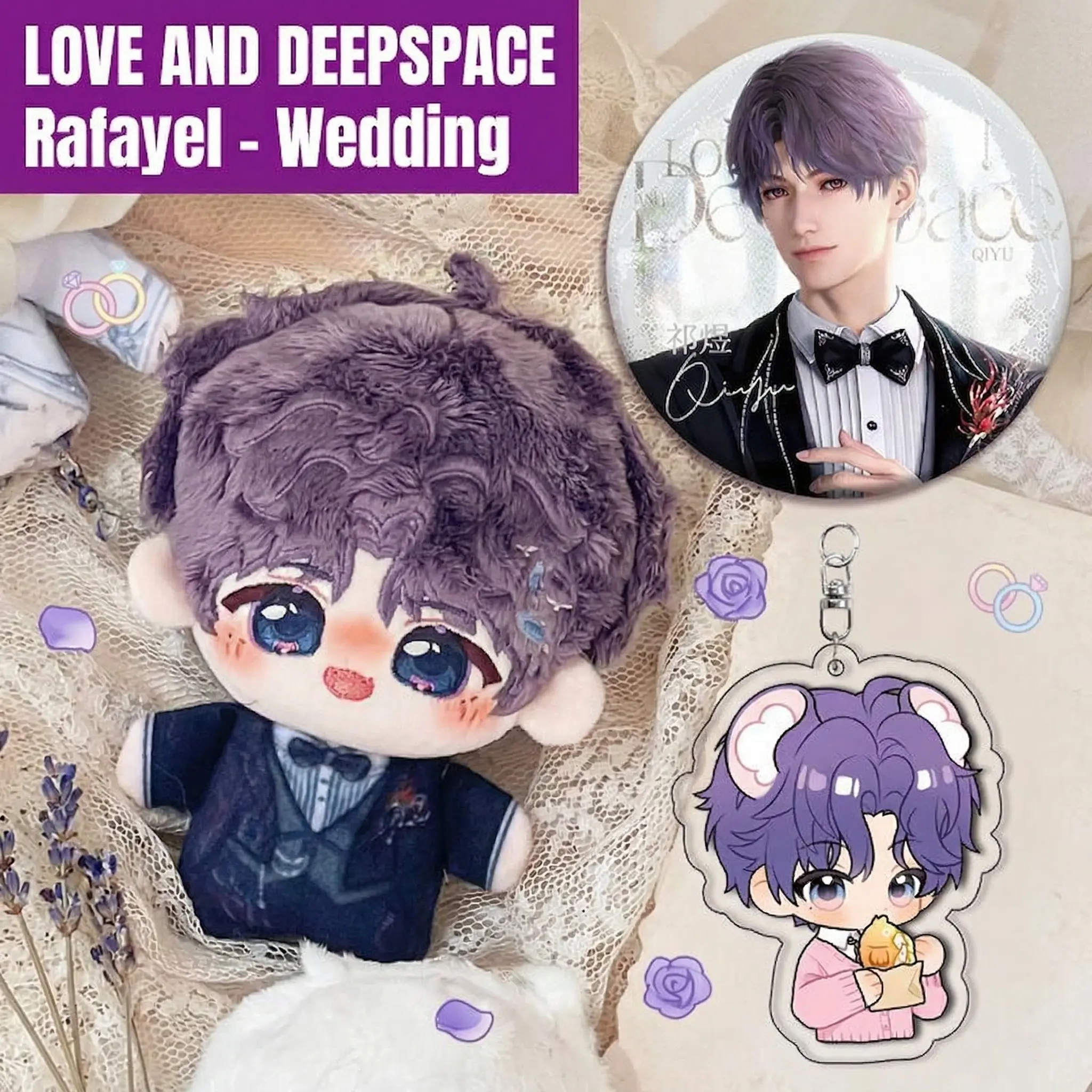 3pcs, Love and Deepspace Anime Plush Doll + Badge + Keychain, Fluffy Keychain, Collectible Stuffed Character Figure, Soft Toy - Keychain Bag Car Charm, Home Decor, Cute Keychain Accessory, Birthday Christmas Valentine Party Gift for Anime Fans Teens