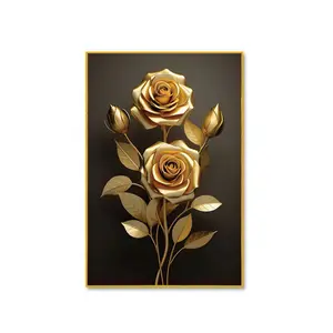 Golden Rose Porcelain Wall Art (18” x 24”) – Aluminum Gold Frame, Waterproof High-Quality 3D Artwork for Home Decor , Living room, restaurants, meditation room