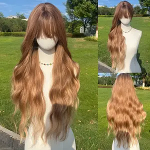 SMILCO 32-Inch Brown Loose Wave Wig with Hair Bangs SM6040 Synthetic Material Heat Resistant Adjustable Breathable Rose Mesh for Daily Use