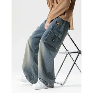 Autumn New Men's Cargo Jeans Big Pocket String Banding Wide Baggy Denim Pants Drawstring Straight Casual Jean Trousers