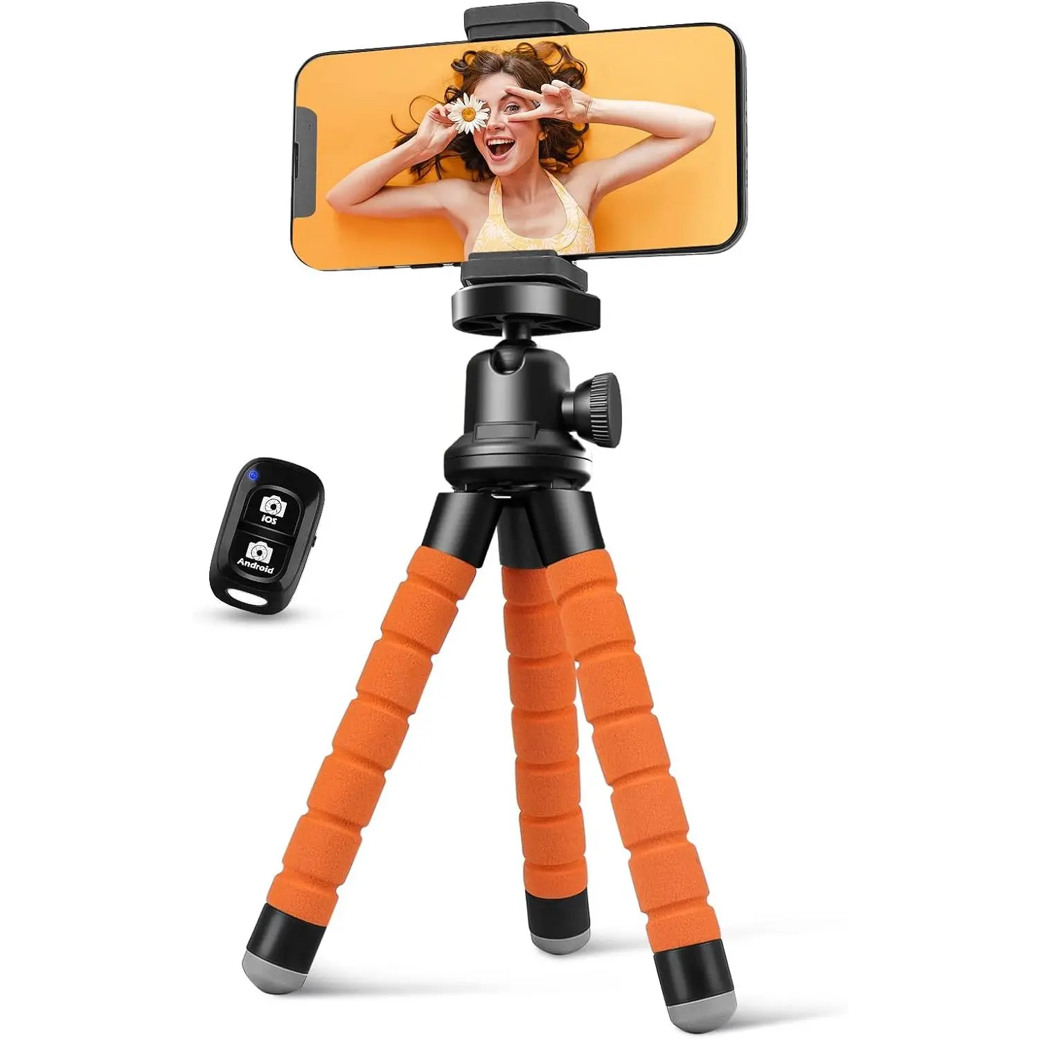 Flexible Phone Tripod for iPhone & Smartphone, Portable Cellphone Monopod Accessories with Remote & Clip for Vlogging & Selfie (Orange, Non-Slip Grip), Compact