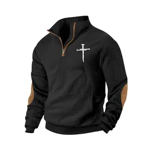 Men's cross-print plain color waffle weave hoodie, long-sleeve stand-up collar pullover, Jesus cross print, quarter z design, winter hoodie, daily holiday wear, street style casual outfit, suitable for spring, autumn and winter seasons.