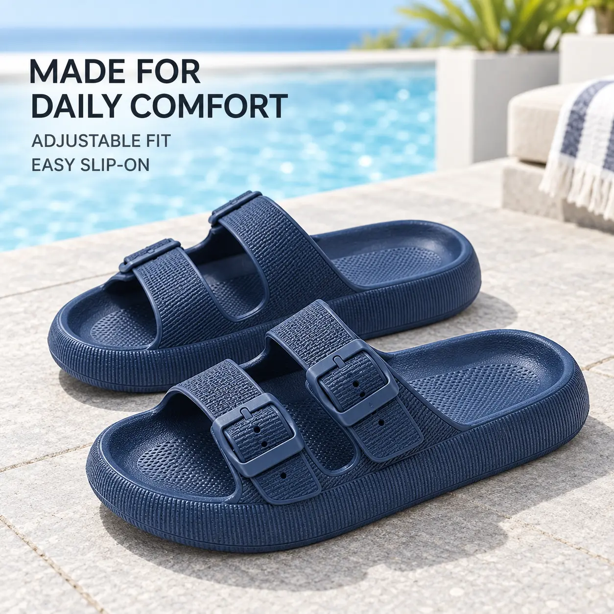 Men's Solid Double Buckle Slides - Pillow Cushioned Thick-Sole Adjustable Home Slippers, All Seasons Bathroom Footwear, Slippers for Women
