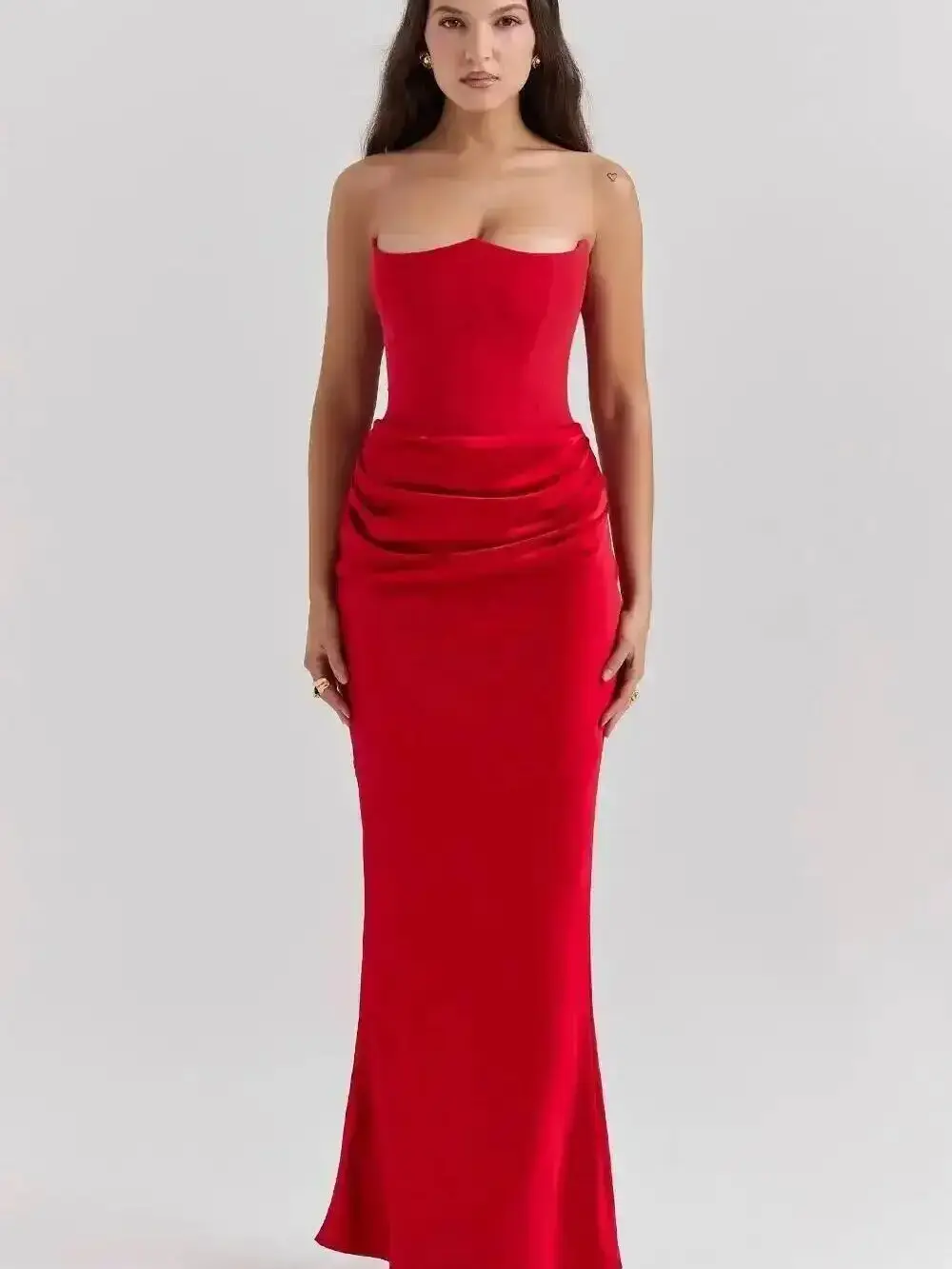 strapless open back dress Short Red Formal Dress Lace Prom Dress With 1/2 Sleeves
