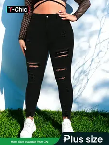 [Plus Size] Solid Color Ripped High Waist Jeans, Casual Streetwear Fashionable Denim Pants for Daily Outdoor Wear, Women's Plus Size Clothing, Womenswear for All Seasons
