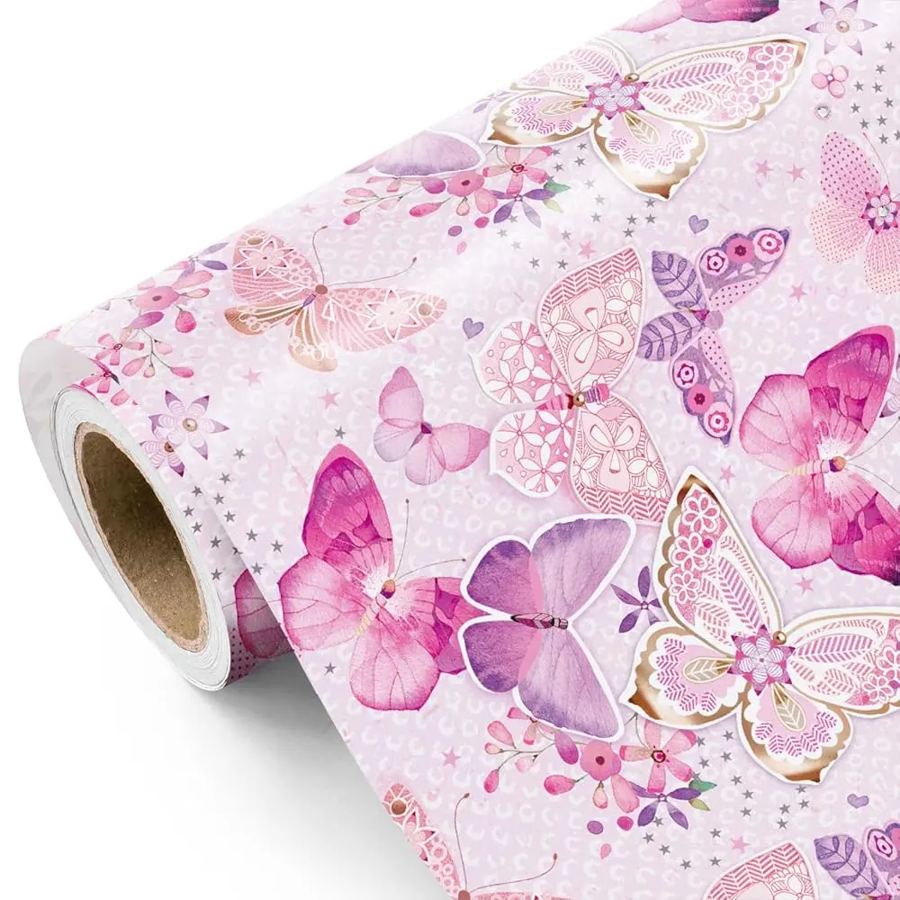 WRAPAHOLIC Pink Butterfly Wrapping Paper Roll, Fantasy Butterfly Gift Wrap with Cute Pink Design, Elegant Paper for Birthday, Wedding, Bridal Shower & Special Occasions,17 Inch x 9.8 Feet