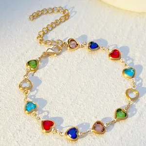 Colorful Heart-Shaped Zircon Bracelet DDSL0011, Unique and Stylish Heart-Shaped Dopamine Bracelet, 14K Gold-Plated