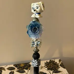 Dalmatian Beadable Pen with Adorable Dog Topper and Blue Flower Accent for Unique Writing Experience