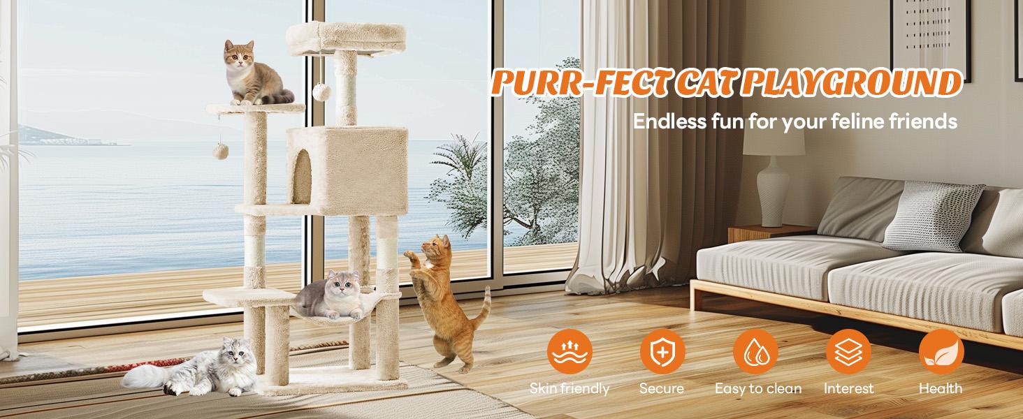 Multi-Cat Climbing Tree Tower (44/54 in), Natural Sisal Scratching Posts, Condo, Extended Platform, Hammock, Pet House for Indoor Use Cats and Kittens