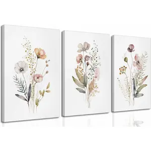 3Pcs Watercolor Wildflower Canvas Wall Art Modern Minimalist Colorful Botanical Floral Painting Pictures Wall Decor Flower Posters Print Artwork for Living Room Bedroom Woman's room Home Decoration