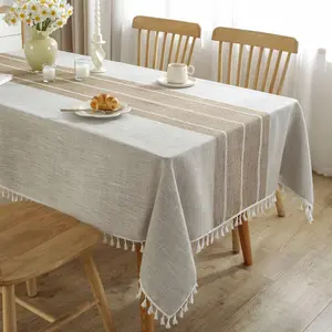 JIALE Tablecloths for Rectangle Tables, Cotton Linen Table Cloth Waterproof Tablecloth Wrinkle Free Farmhouse Dining Table Cover, Soft Fabric Table Cloths with Tassels, Brown, 55" X 70", 4-6 Seats
